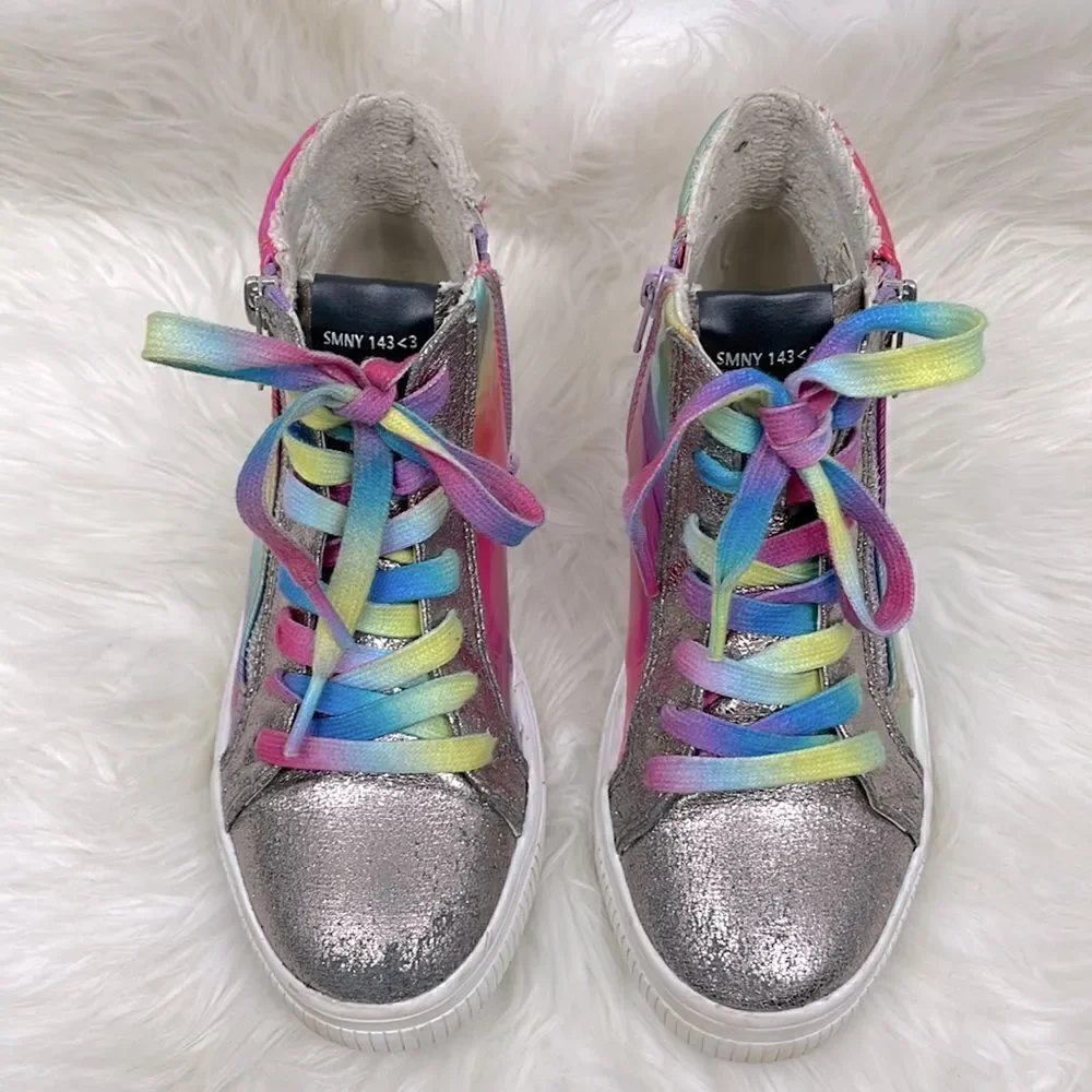 Steve Madden | Holographic high top sneakers 3.0 rainbow laces.